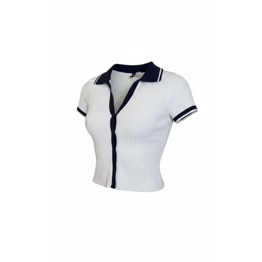 Divided H&M NWOT Ribbed Knit Collared Button Front Top White Navy Size Small‎